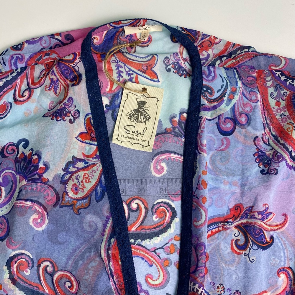 Easel Los Angeles Small Paisley Kimono Cardigan Blue Purple Red Tassels Boho - Picture 3 of 10